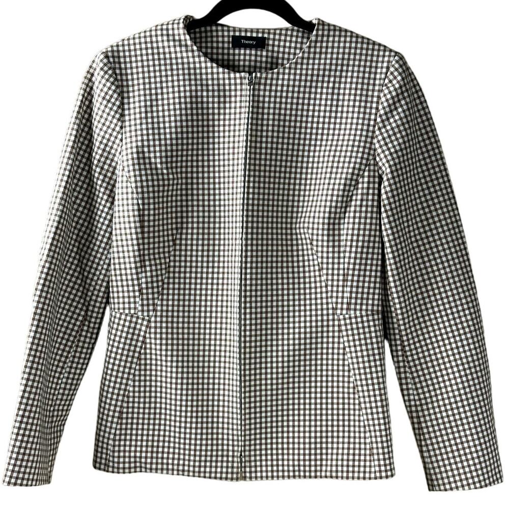 Theory Check Peplum-Back Sculpture Jacket Ivory Tan Grid Stretch Women's Size 10